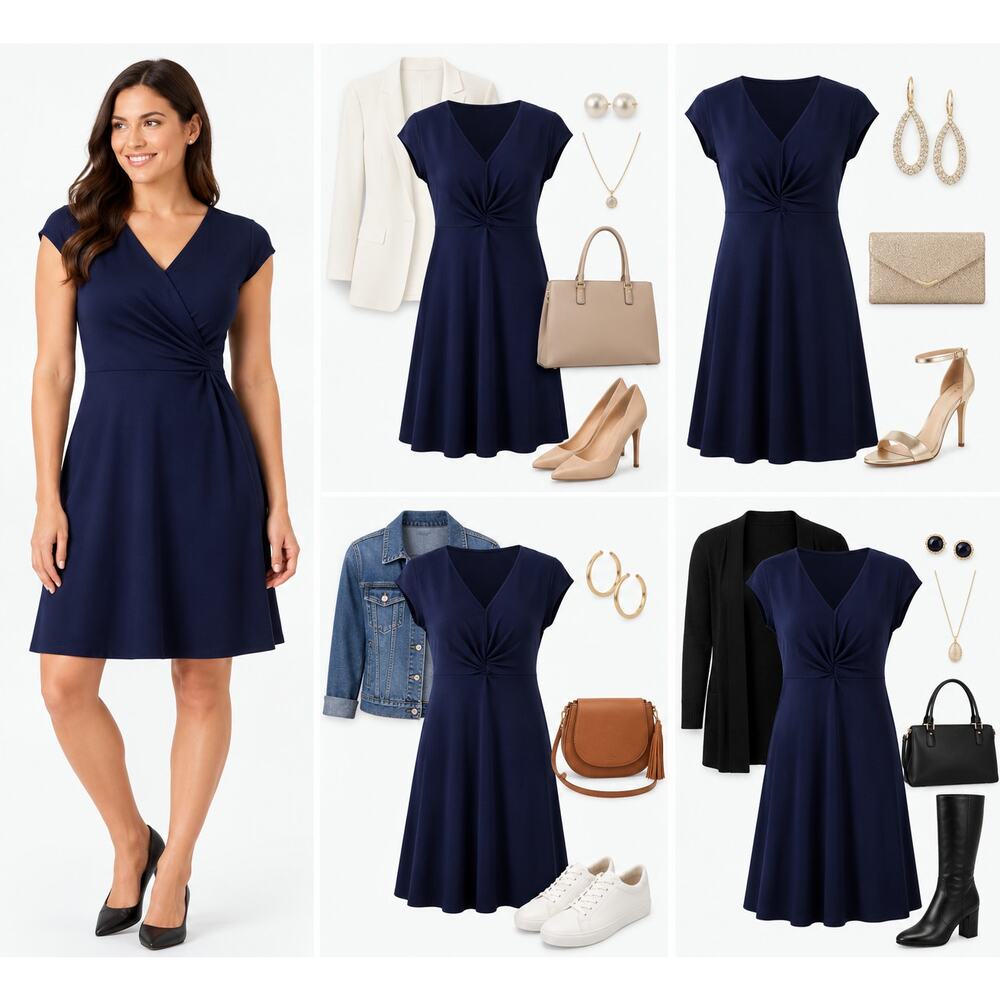 Tahari ASL Navy Fit & Flare Dress Size 12 Cap Sleeve V-Neck Career NWT - Picture 3 of 7